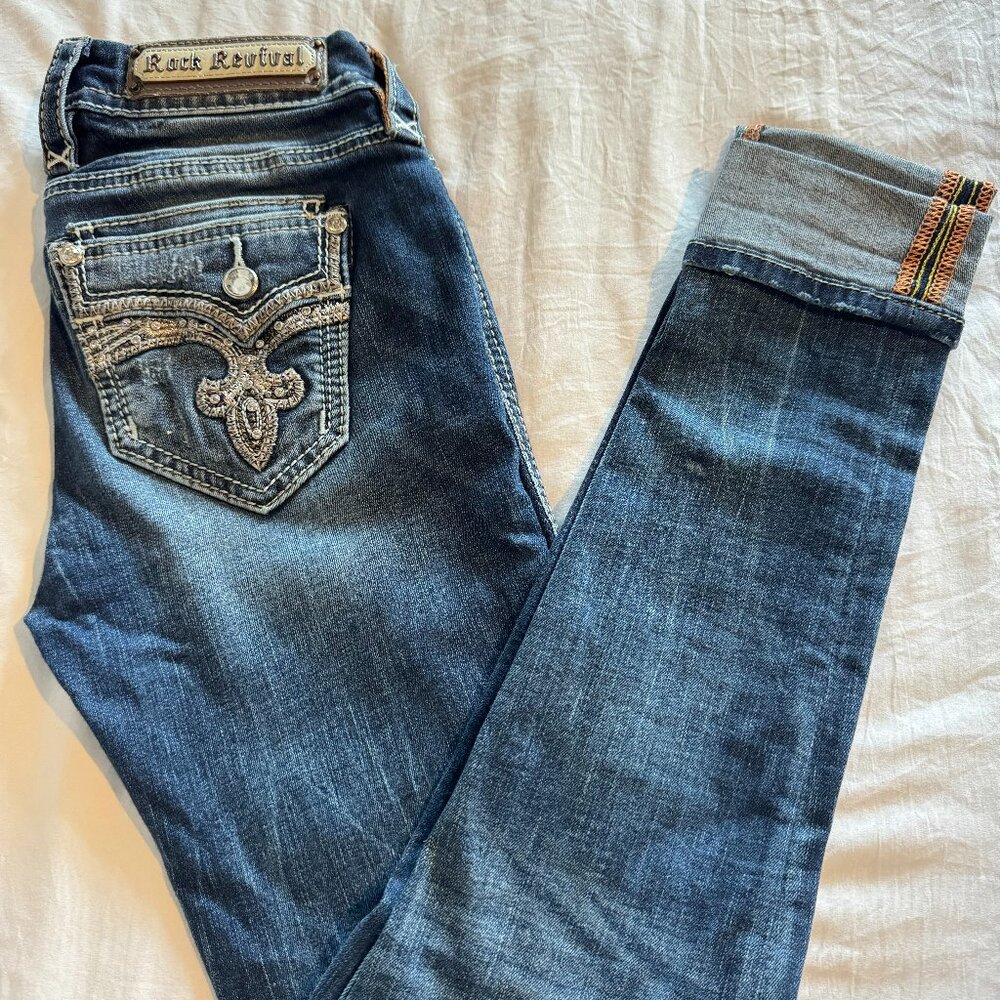 Rock Revival Yara Skinny Jeans Size 26 Low Rise Distressed Embellished Flap Pock